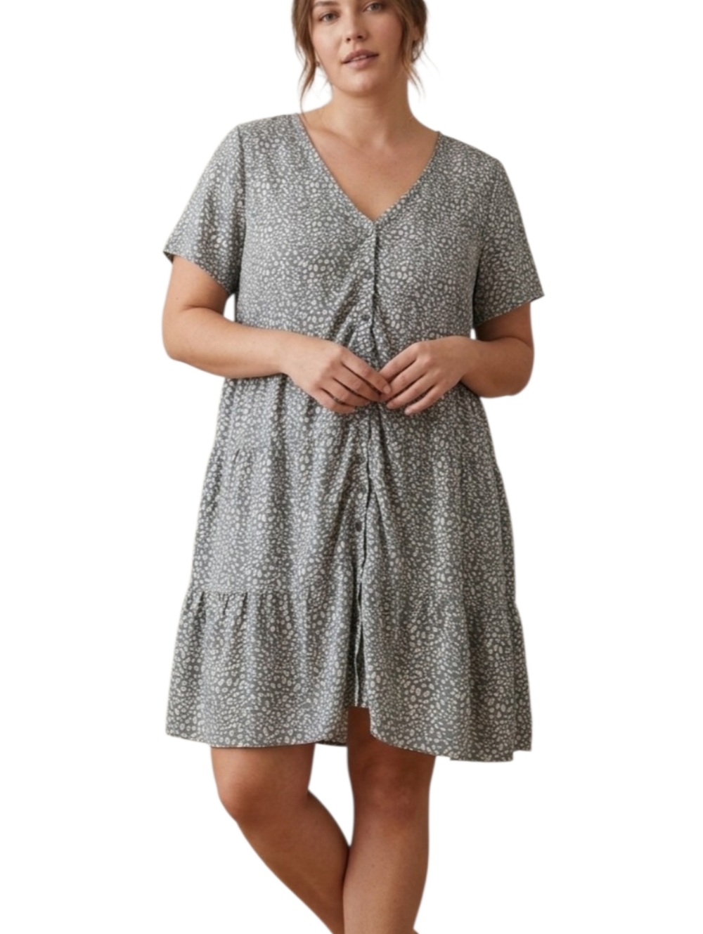 KORI America Plus Sage Speckled Tiered Dress XL Button Front V-neck Flowy